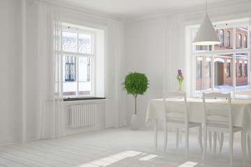 White modern dinner room. Scandinavian interior design. 3D illustration