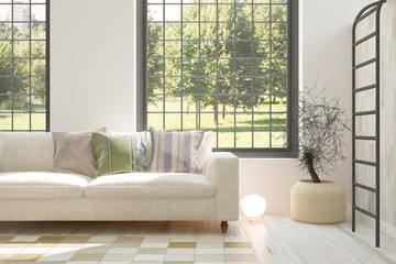 White idea of room with sofa and summer landscape in window. Scandinavian interior design. 3D illustration