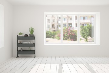 Idea of white room with shelf and summer landscape in window. Scandinavian interior design. 3D illustration