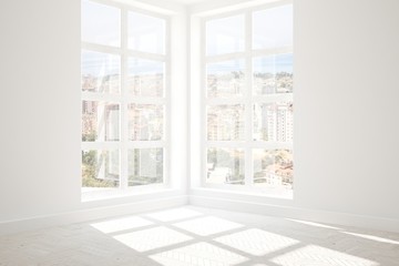 Fototapeta na wymiar Inspiration of white empty room with urban landscape in window. Scandinavian interior design. 3D illustration