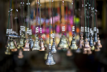 Various traditional bells in Chinese shop in Shangri-la