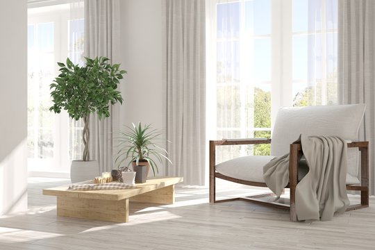 White inspiration of room with armchair and green landscape in window. Scandinavian interior design. 3D illustration