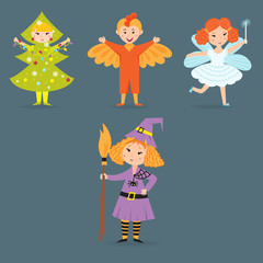 Cute kids wearing Christmas costumes vector characters little people isolated cheerful children holidays illustration