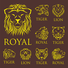 Tiger head royal badge with beautiful animal vector hand drawn lion face illustration.