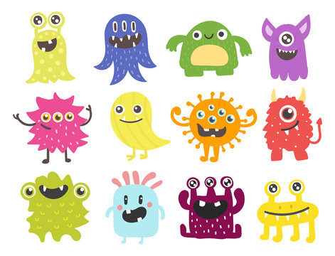 Funny Cartoon Monster Cute Alien Character Creature Happy Illustration Devil Colorful Animal Vector.