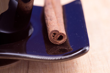 Cinnamon stick on a plate on wooden surface