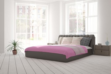 White minimalist bedroom. Scandinavian interior design. 3D illustration