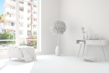 White room with table. Scandinavian interior design. 3D illustration