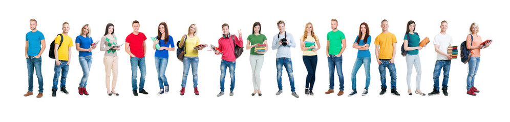 Fototapeta premium Group of smiling teenagers staying together and looking at camera isolated on white