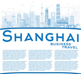 Outline Shanghai China Skyline with Blue Buildings and Copy Space.