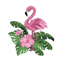 Summer colorful poster of palm and tropical leaves, flamingos, flowers. Vector illustration.