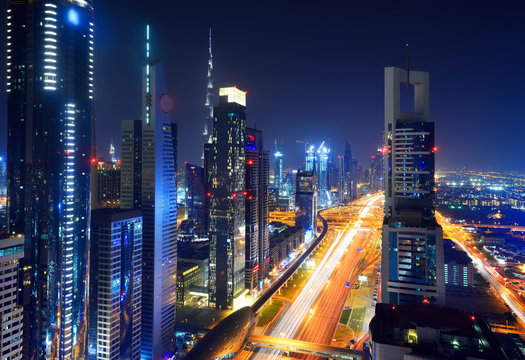 Elevated cityscape of Sheikh Zayed Road in Dubai at night