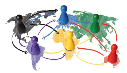 Sketch or handdrawn concept for globalization, global networking, travel or global connection or transportation. Colorful figures with connecting arrows. - obrazy, fototapety, plakaty