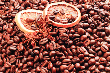 Aniseed and dried orange on scattered coffee beans