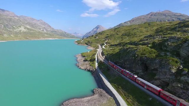 Bernina Express - Red train, Swiss Alps - Aerial view