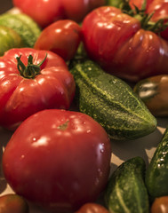 tomatoe and cucumber wooden table bio organic backyard healthy outdoor produce germany macro closeup