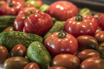 tomatoe and cucumber wooden table bio organic backyard healthy outdoor produce germany macro closeup