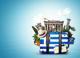Greece, vintage suitcase with Greece landmarks