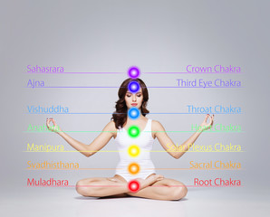Healthy woman meditating in lotus position. Colored lights with chakra names over her body. Yoga, zen, Buddhism, recovery and wellbeing concept.