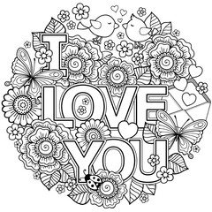 Coloring page for adult. Round shape made of Abstract flowers, butterflies, birds kissing and the word love. Valentine's Day cards