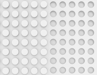 3d illustration. white concave circle buttons and convex buttons wall background