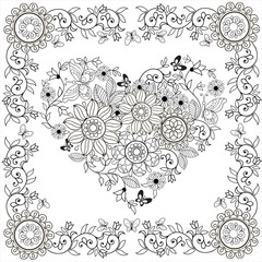 Coloring book Decorative heart of flowers and butterflies in floral frame.Vector illustration