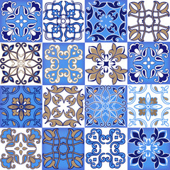 Collection seamless patchwork pattern from Moroccan ,Portuguese tiles in blue and brown colors. Decorative ornament can be used for wallpaper, backdrop, fabric, textile, wrapping paper