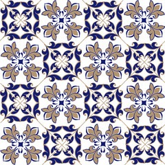 Seamless patchwork pattern from Moroccan ,Portuguese tiles in blue and brown colors. Decorative ornament can be used for wallpaper, backdrop, fabric, textile, wrapping paper