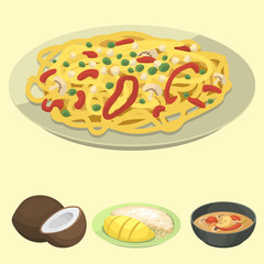 Traditional National thai food thailand asian plate cuisine seafood prawn cooking delicious vector illustration.