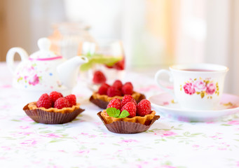 Mini tart with raspberries fruits