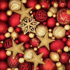 Gold and red christmas bauble decorations forming a background.