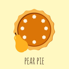Homemade pear pie. Flat vector illustration isolated on the background. Pie with cream.