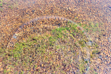 Pebbles and small stones on the seabed in clear and clear water with a small wave. Texture, background. Selective focus