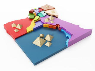 Egypt map with regions and pyramids. 3D illustration