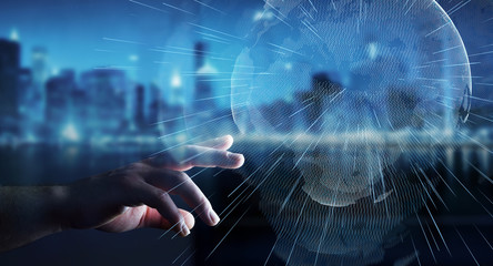 Flying earth network interface activated by businessman 3D rendering