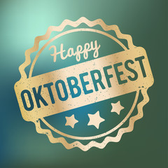 Oktoberfest rubber stamp gold on a blue bokeh background.