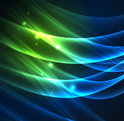 Energy lines, glowing waves in the dark, vector abstract background