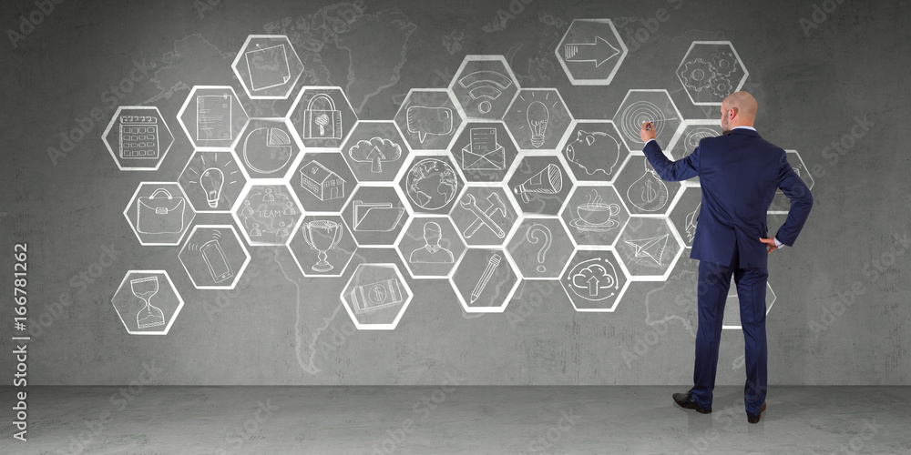 Poster businessman drawing multimedia interface sketch on a wall 3d rendering