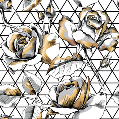 Seamless pattern with image gold Roses on a geometric background. Vector illustration.