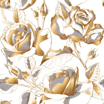 Seamless pattern with gold Rose flowers, leaves and buds on a white background. Vector illustration.