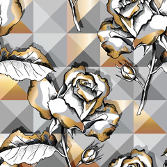 Seamless pattern with image of a rose flowers on a gray and gold geometric background. Vector illustration.