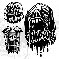 Heavy rock music badge vector vintage labels with punk skull symbols hard sound sticker print emblem illustration