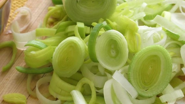 Fresh chopped leek in a ceramic bowl isolated. Sliced leeks.

