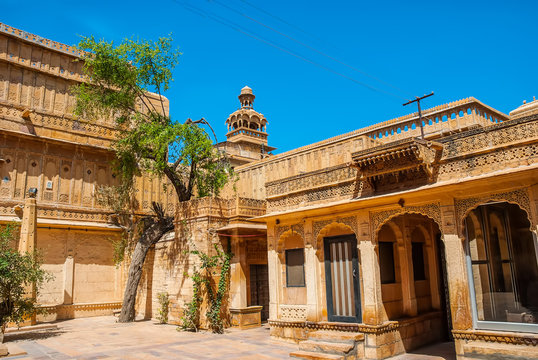 The beautiful exterior and interior of Mandir Palace in Jaisalmer, Rajasthan, India. Jaisalmer is a very popular tourist destination in Rajasthan.