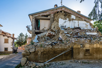 Destroyed houses and rubble of the earthquake that struck the town of Amatrice in the Lazio region...