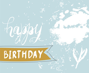 Cute happy birthday card with flower and ribbon. Vector modern illustration