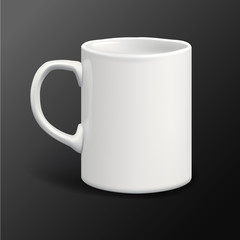 Realistic white mug on dark background. Mock up design template. Vector illustration.