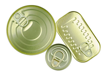 Close-up view of various tins and cans on white background