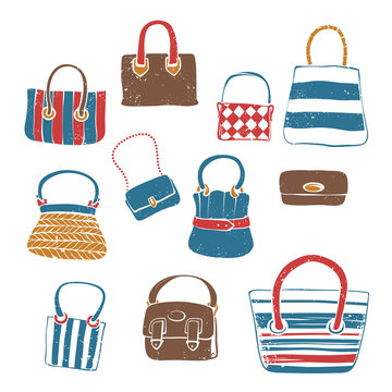 Retro Set of Hand-drawn Multicolored Women's Bags with a Shabby Texture