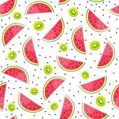 Seamless background with watermelon and kiwi slices. Vector illustration.